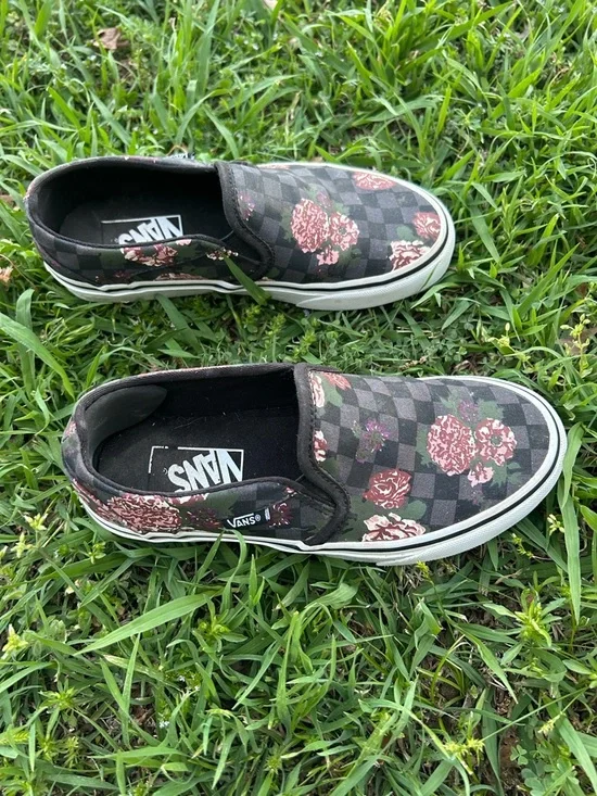 Vans Asher Floral Checkerboard Slip-Ons Sneakers Size 6 - Picture 4 of 5